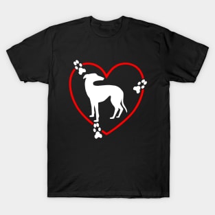 Greyhound White Red Hearts Paw Prints T-Shirt